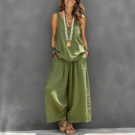 Womens Solid Sleeveless Tank & Wide-Leg Pants Set