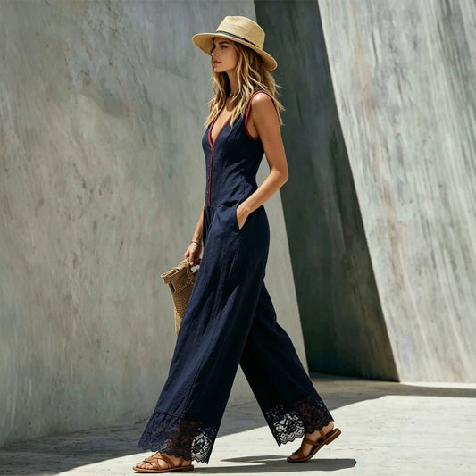 Solid-Colored Lace Splice Jumpsuit