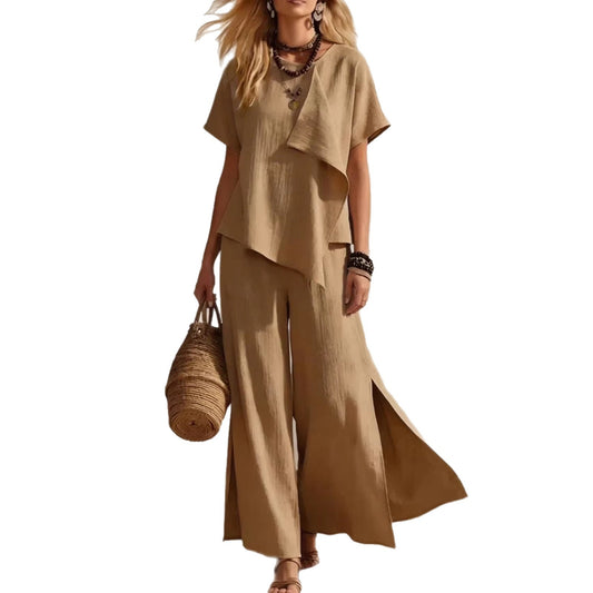 Womens Asymmetrical Top & Wide-Leg Pants Set