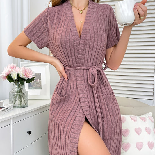 V-Neck Ribbed Bathrobe