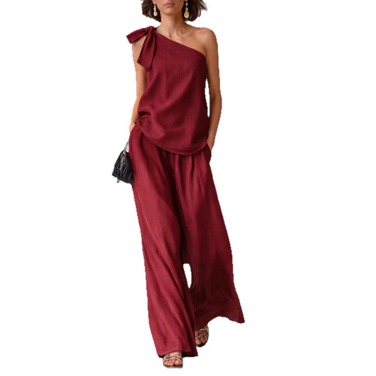 Womens One-Shoulder Top & Wide-Leg Pants Set