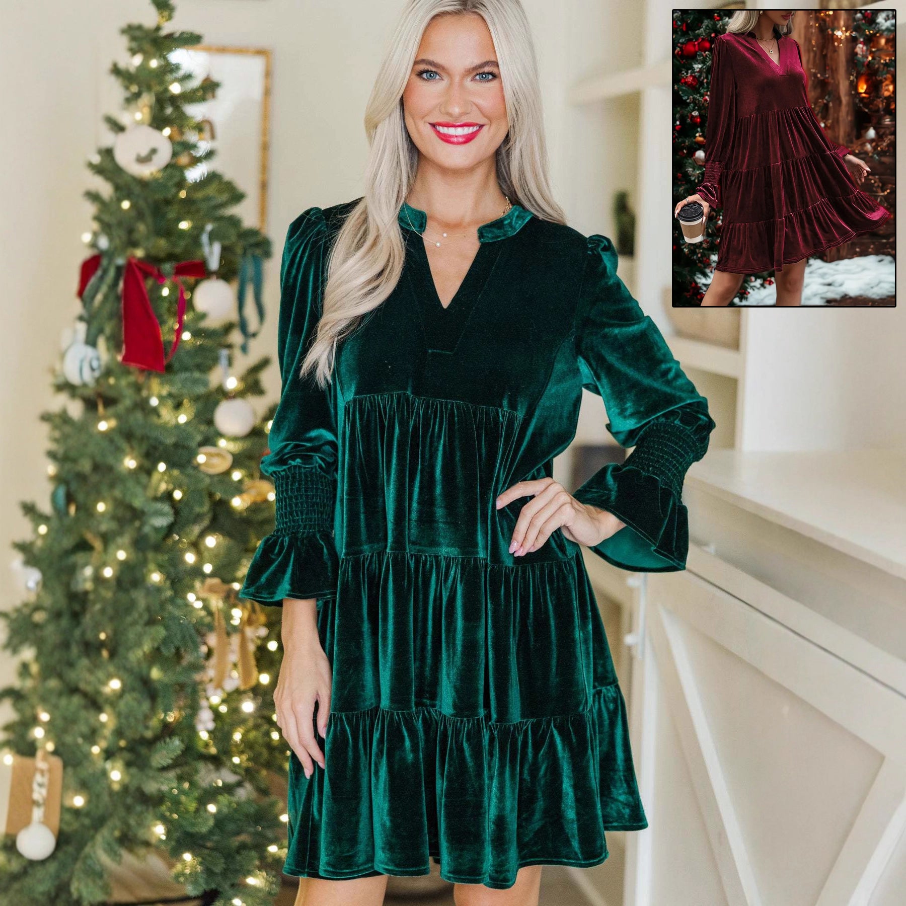 Velvet Puff Sleeve V-Neck Mini Dress – DIAMONDSNEXT