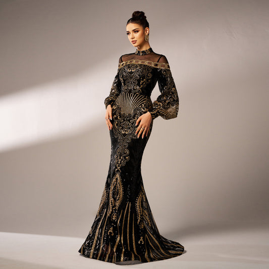 Long Sleeve Round Neck Sequins Fishtail Evening Dress