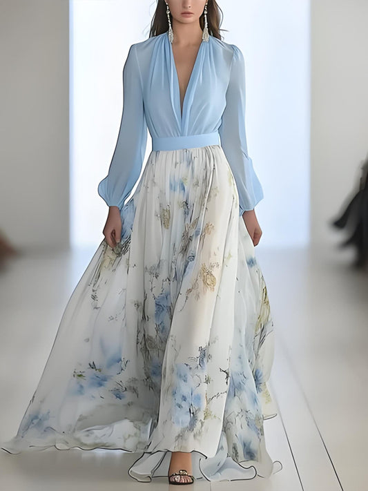 Digital Print V-Neck Long Dress