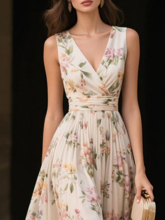 Pleated Floral Chiffon Dress