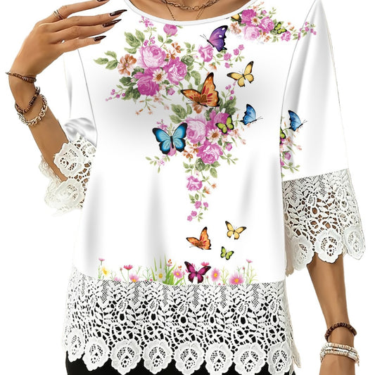 Lace Print 3/4 Sleeve Top