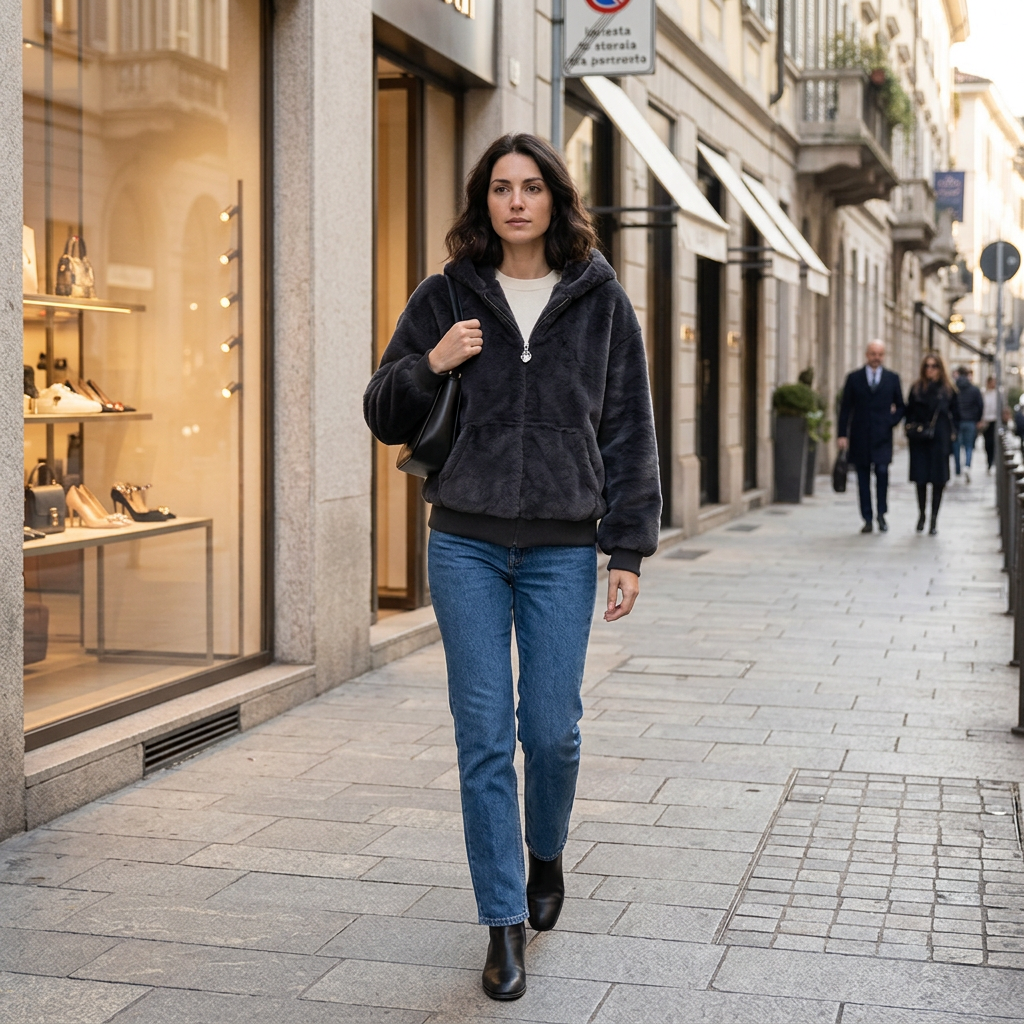 Short black jacket, Milan shopping street