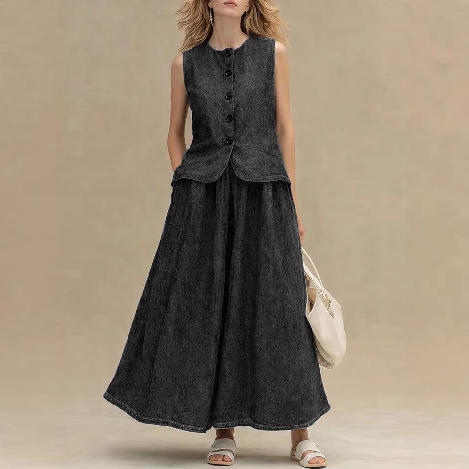 Womens Denim Top & A-Line Skirt Set