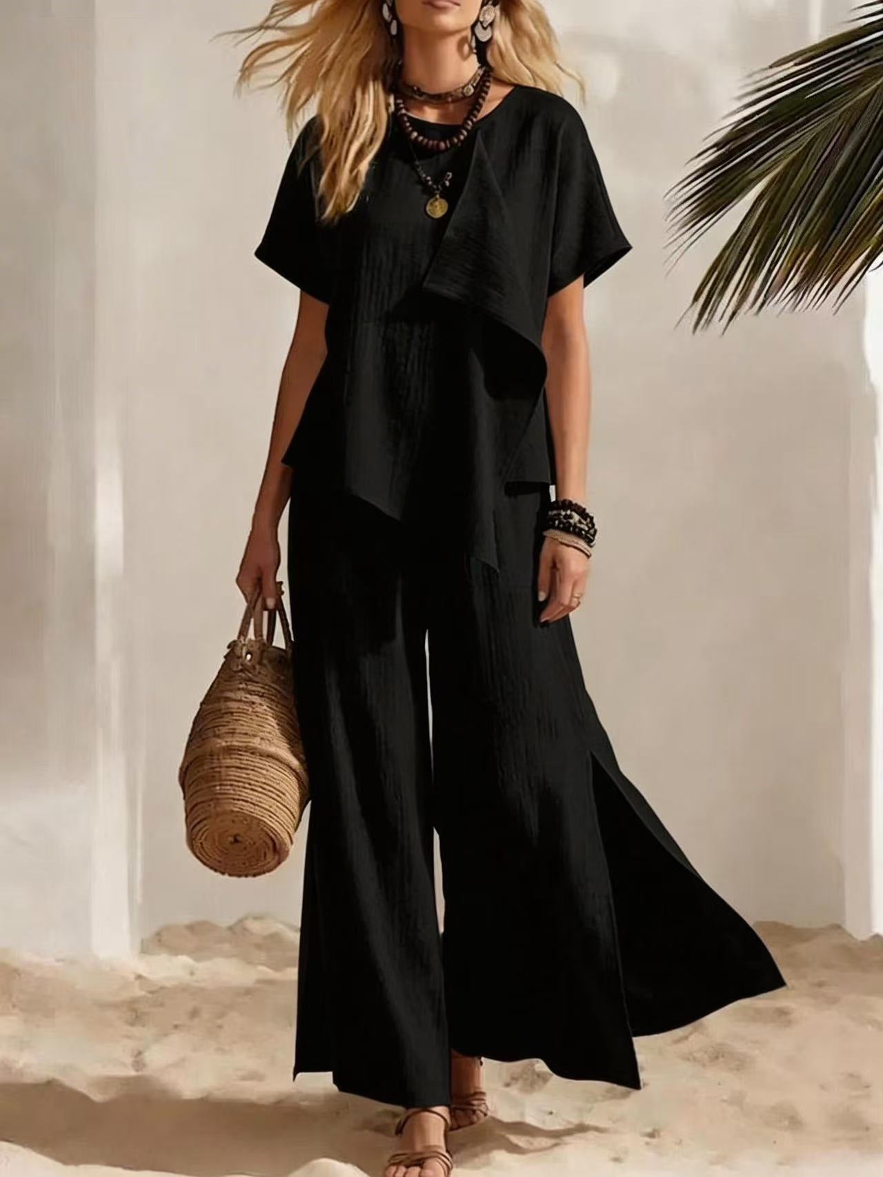 Womens Asymmetrical Top & Wide-Leg Pants Set