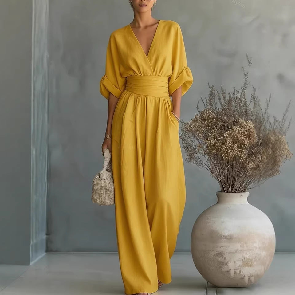 Womens Waist-Cinching V-Neck Jumpsuit