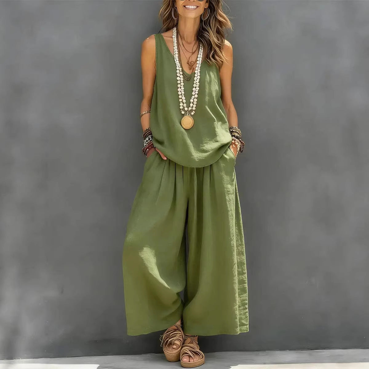 Womens Solid Sleeveless Tank & Wide-Leg Pants Set