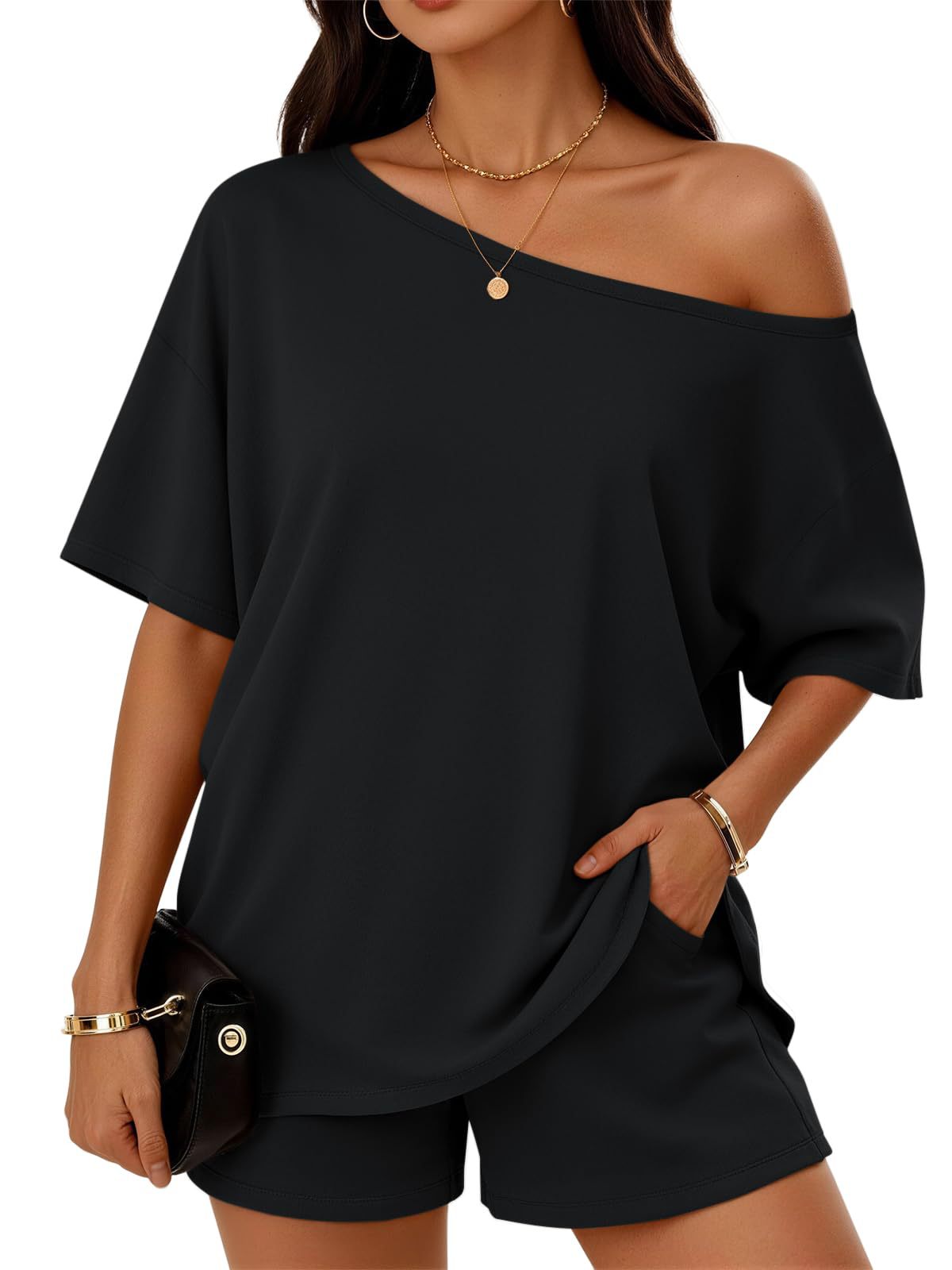 Womens Slant-Neck Top & Shorts Set