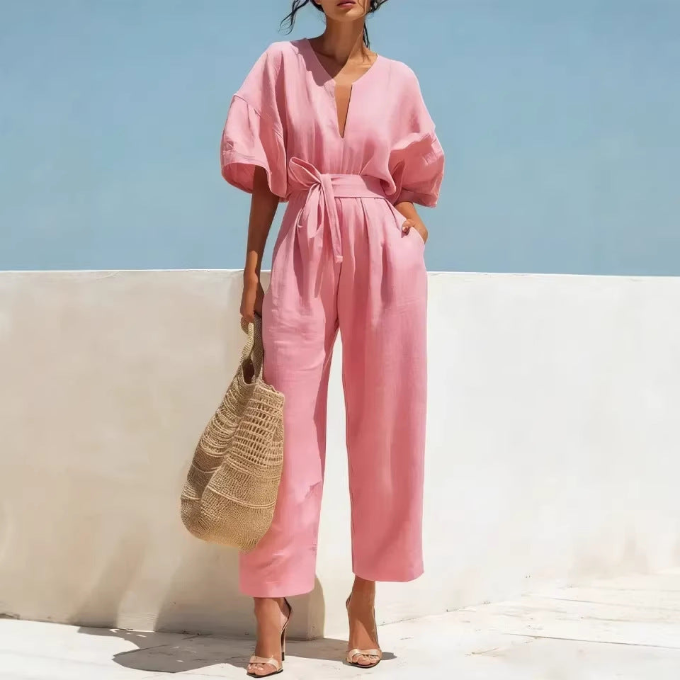 Womens V-Neck Cotton-Linen Jumpsuit