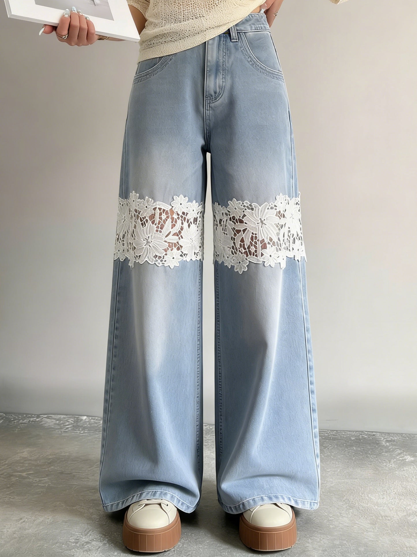Lace Insert Wide Leg Jeans