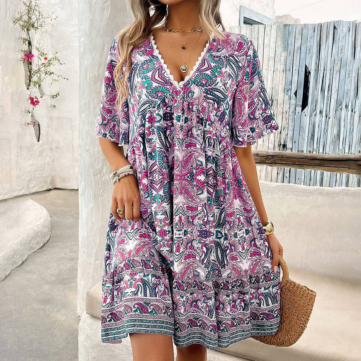 New Fashion Short-Sleeve Printed V-Neck Dress