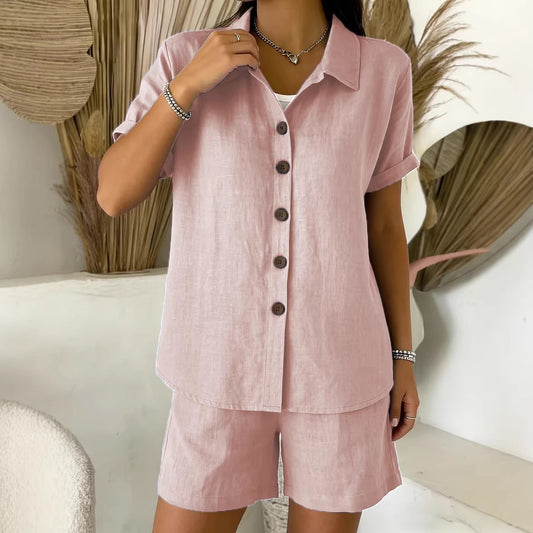 Womens Cotton-Linen Button-Up Shirt Set