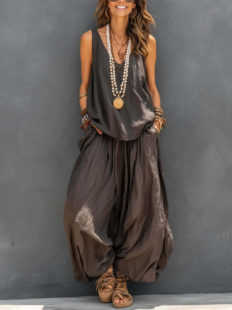 Womens Solid Sleeveless Tank & Wide-Leg Pants Set