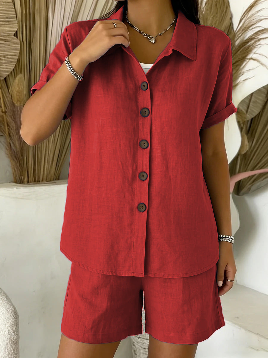 Womens Cotton-Linen Button-Up Shirt Set
