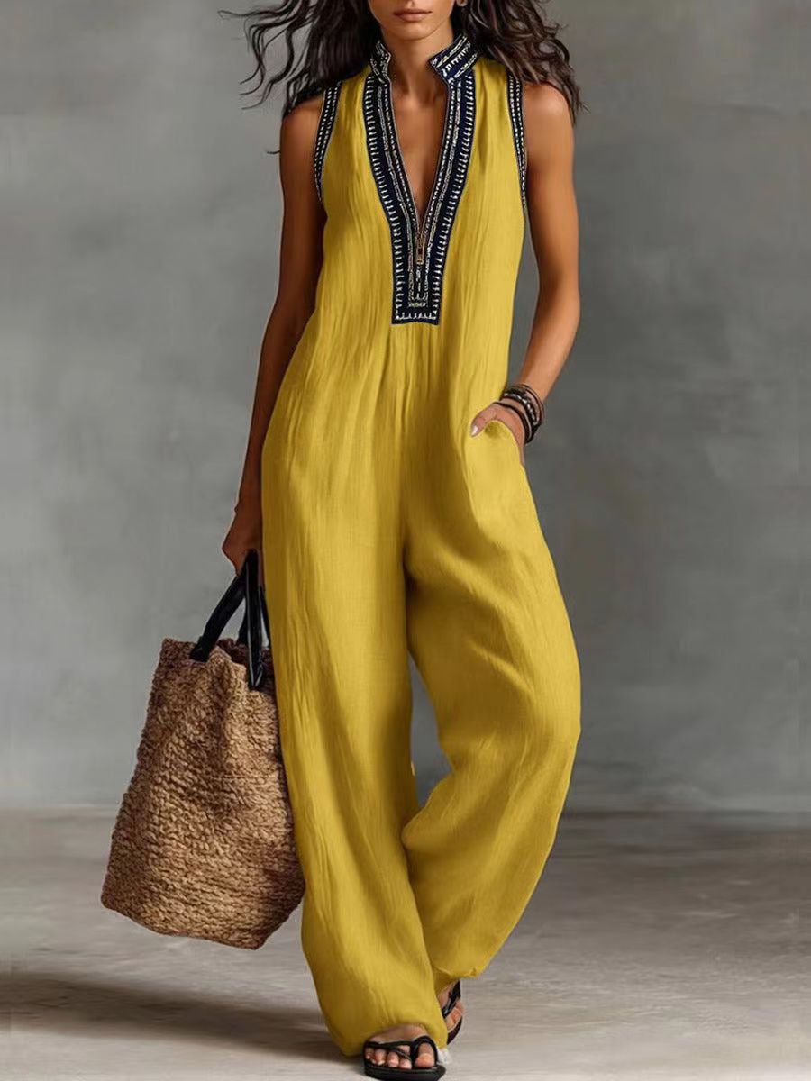 Womens Linen-Blend Sleeveless Jumpsuit