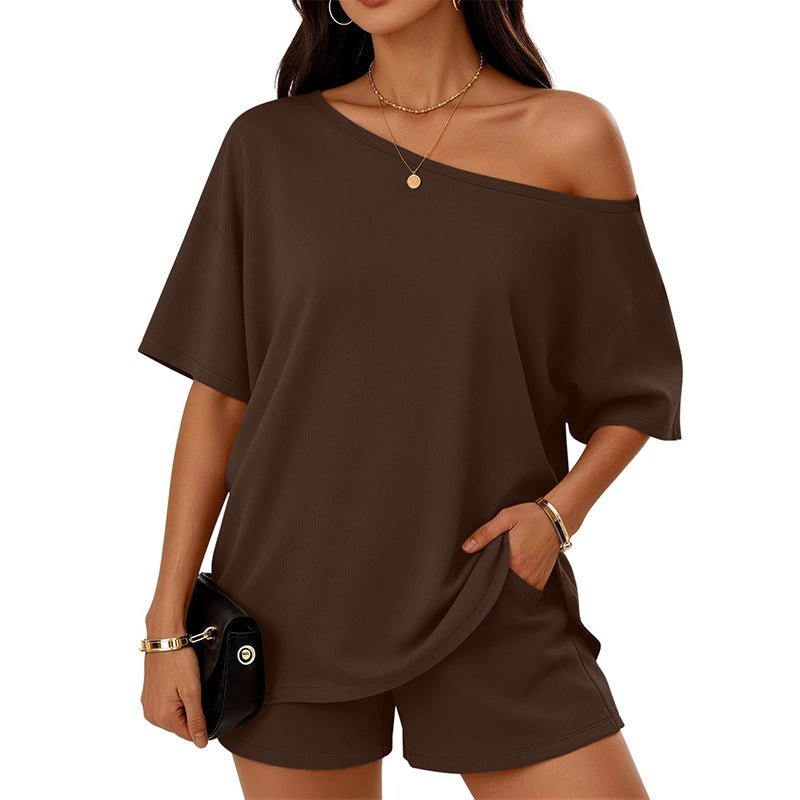 Womens Slant-Neck Top & Shorts Set