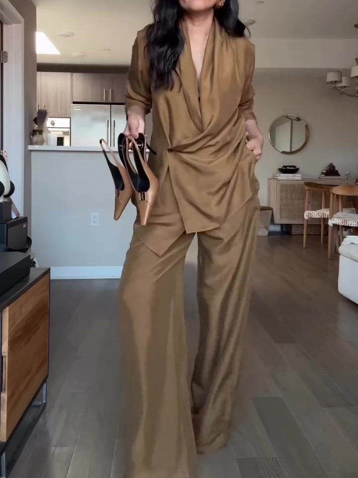Women’s Satin Wrap Blouse & Wide-Leg Pants Set
