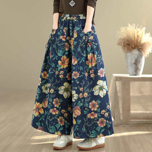 Retro Floral Wide-leg Jeans