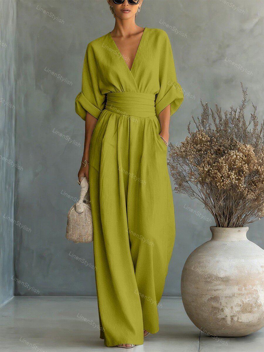 Womens Waist-Cinching V-Neck Jumpsuit