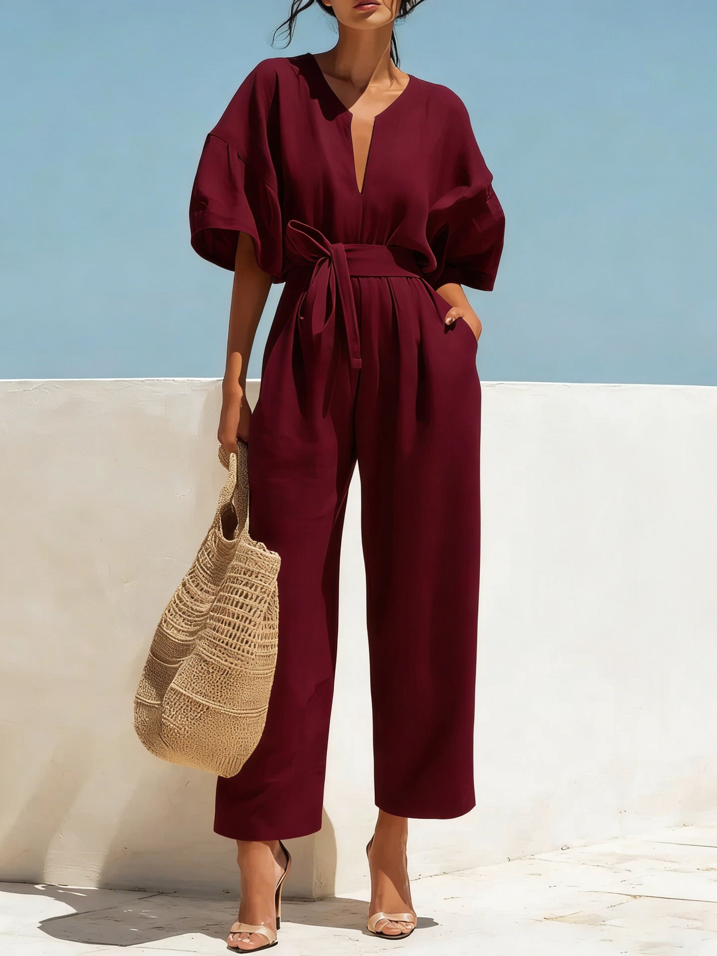 Womens V-Neck Cotton-Linen Jumpsuit