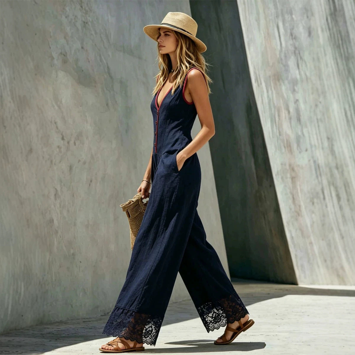 Solid-Colored Lace Splice Jumpsuit