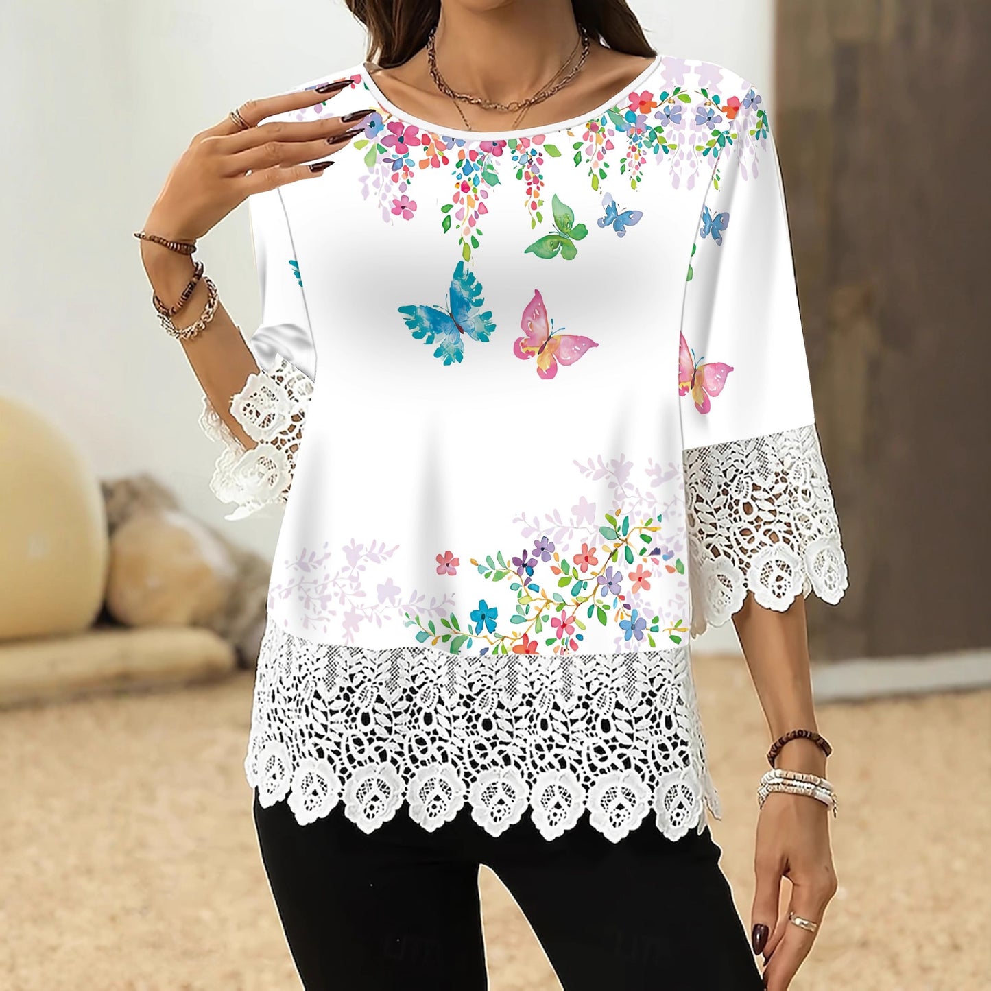 Lace Print 3/4 Sleeve Top