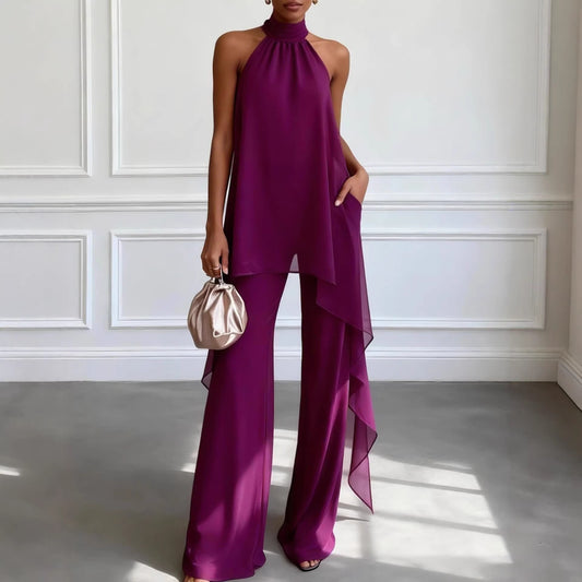 Womens Retro Lace Top & Wide-Leg Pants Set