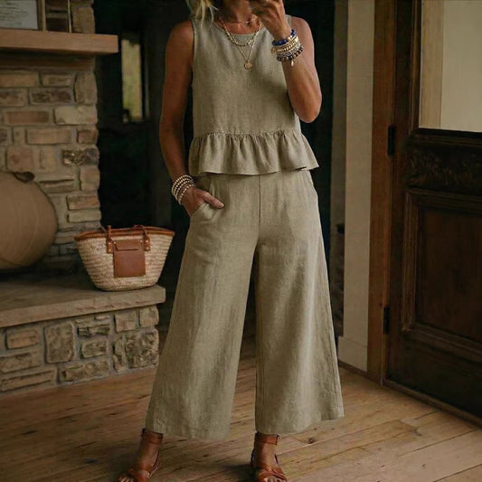 Womens Cotton-Linen Tank & Cropped Pants Set
