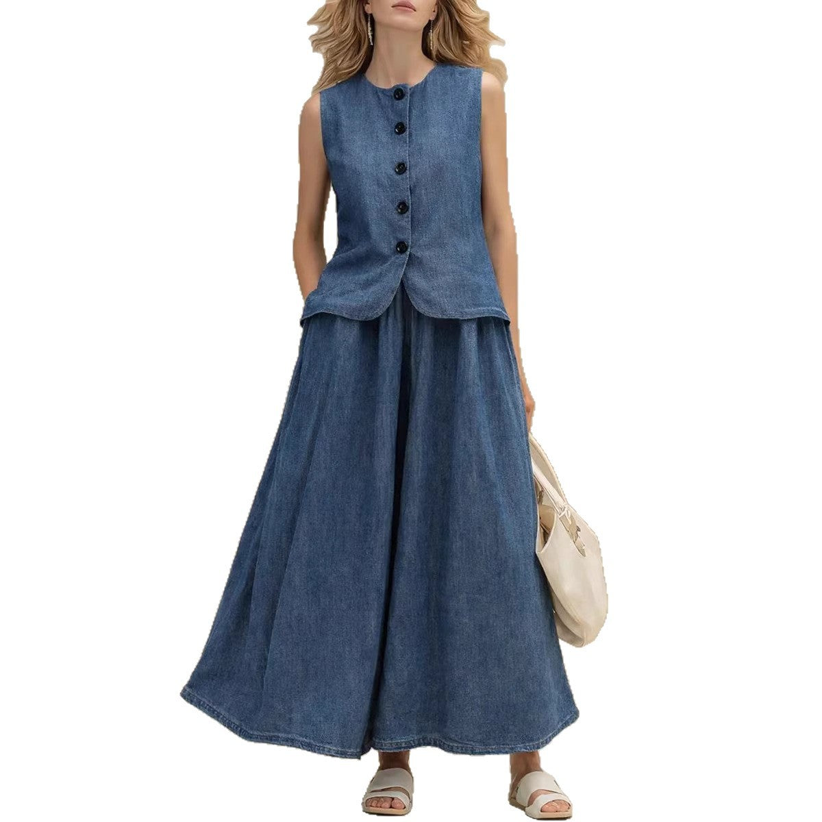 Womens Denim Top & A-Line Skirt Set