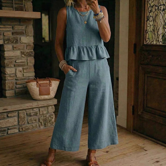Womens Cotton-Linen Tank & Cropped Pants Set