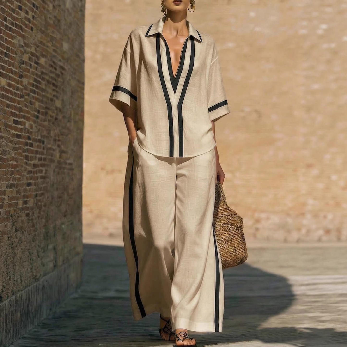 Womens Color Block Top & Wide-Leg Pants Set