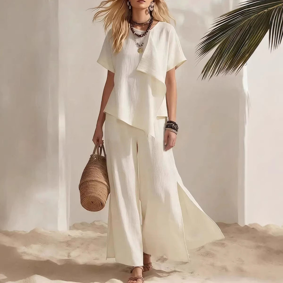 Womens Asymmetrical Top & Wide-Leg Pants Set