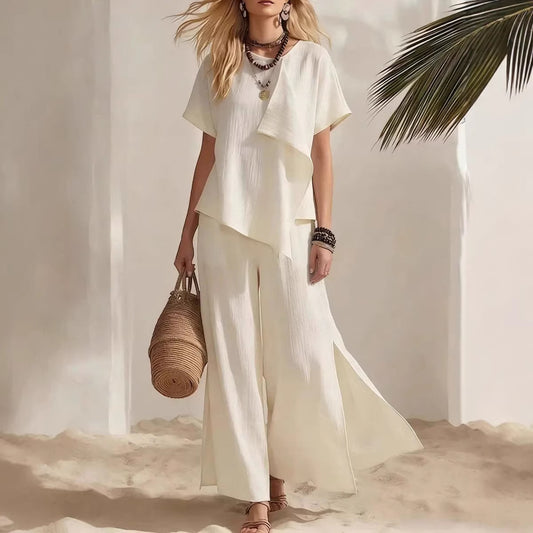 Womens Asymmetrical Top & Wide-Leg Pants Set
