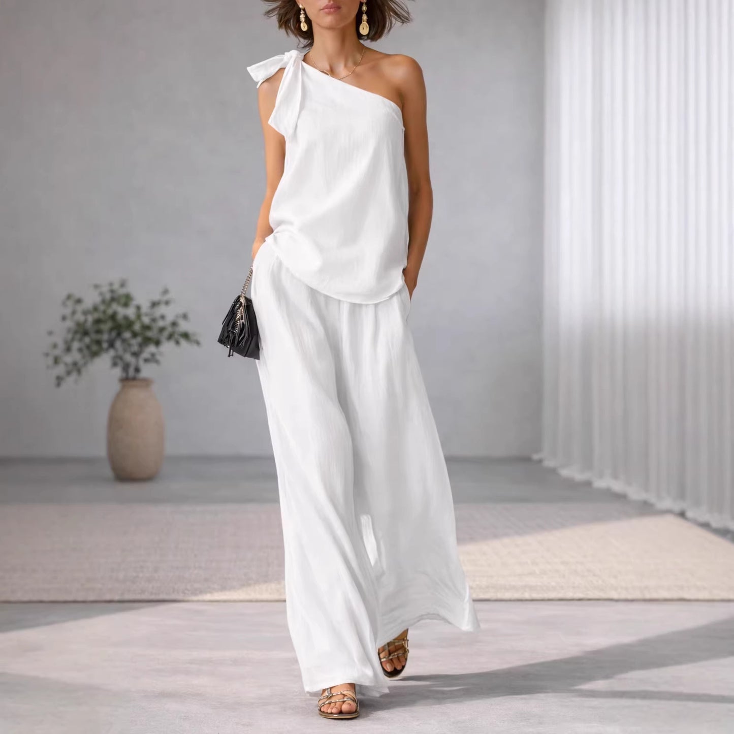 Womens One-Shoulder Top & Wide-Leg Pants Set