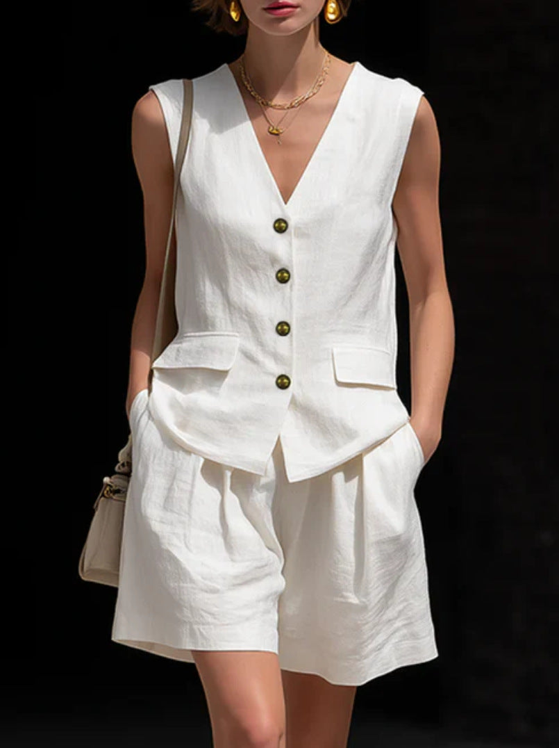 Womens Cotton-Linen Vest Top & Shorts Set