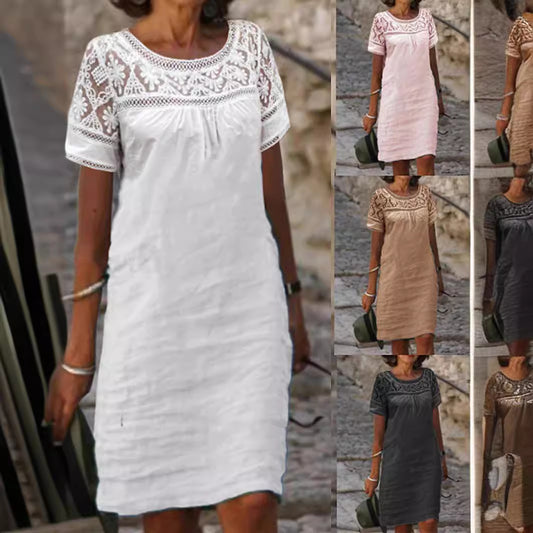 Casual Lace-Patchwork Crew-Neck Dress