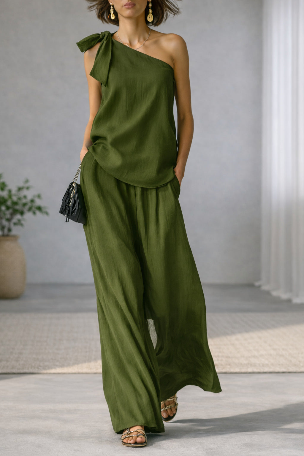Womens One-Shoulder Top & Wide-Leg Pants Set