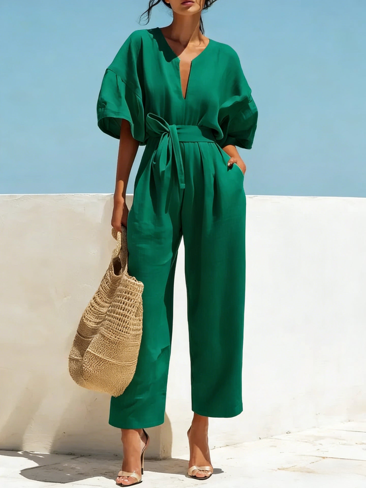 Womens V-Neck Cotton-Linen Jumpsuit