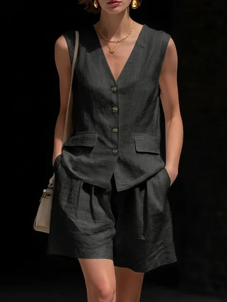 Womens Cotton-Linen Vest Top & Shorts Set