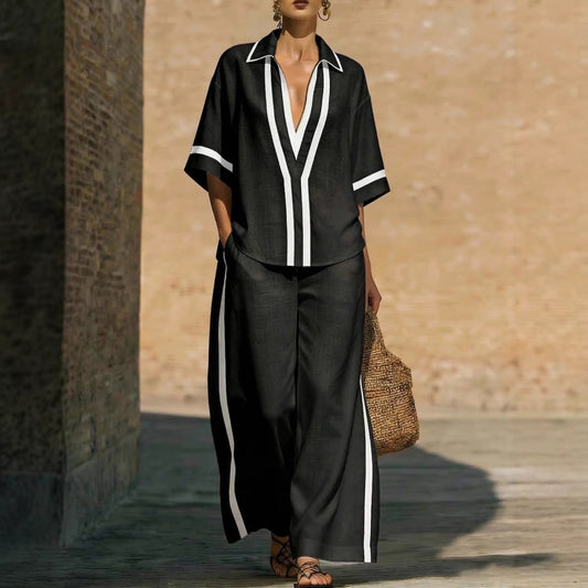 Womens Color Block Top & Wide-Leg Pants Set