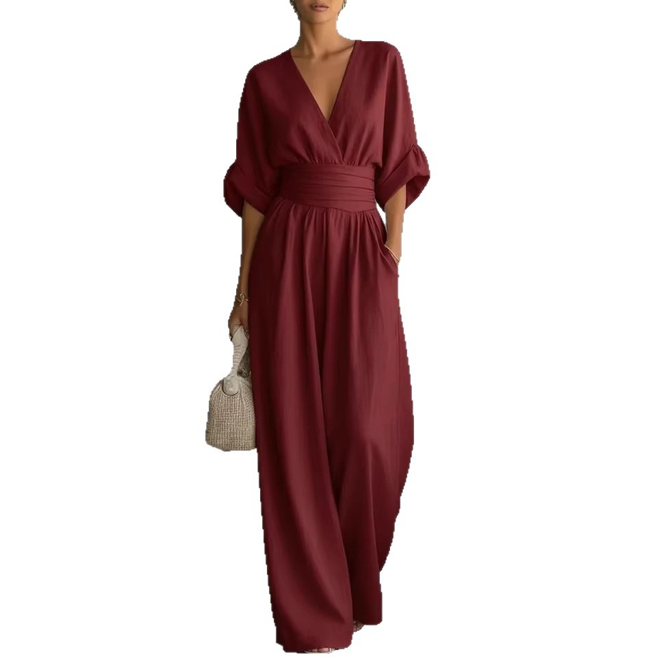 Womens Waist-Cinching V-Neck Jumpsuit