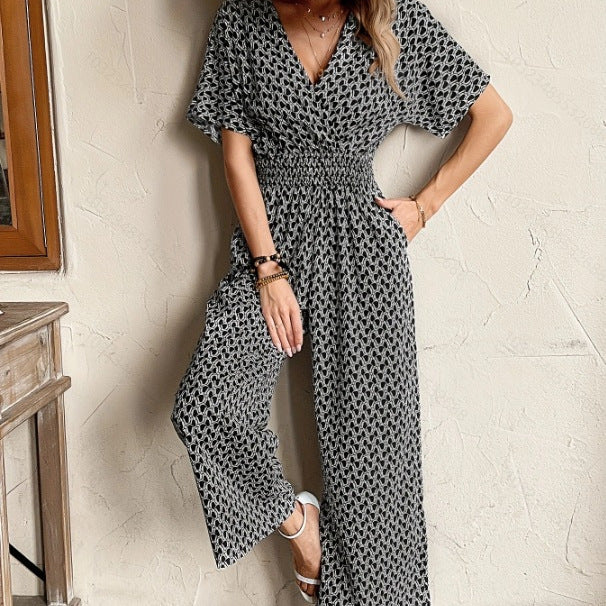Summer V-neck Short-sleeve Jumpsuit