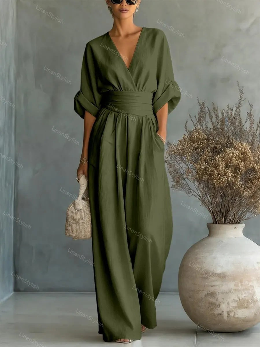 Womens Waist-Cinching V-Neck Jumpsuit