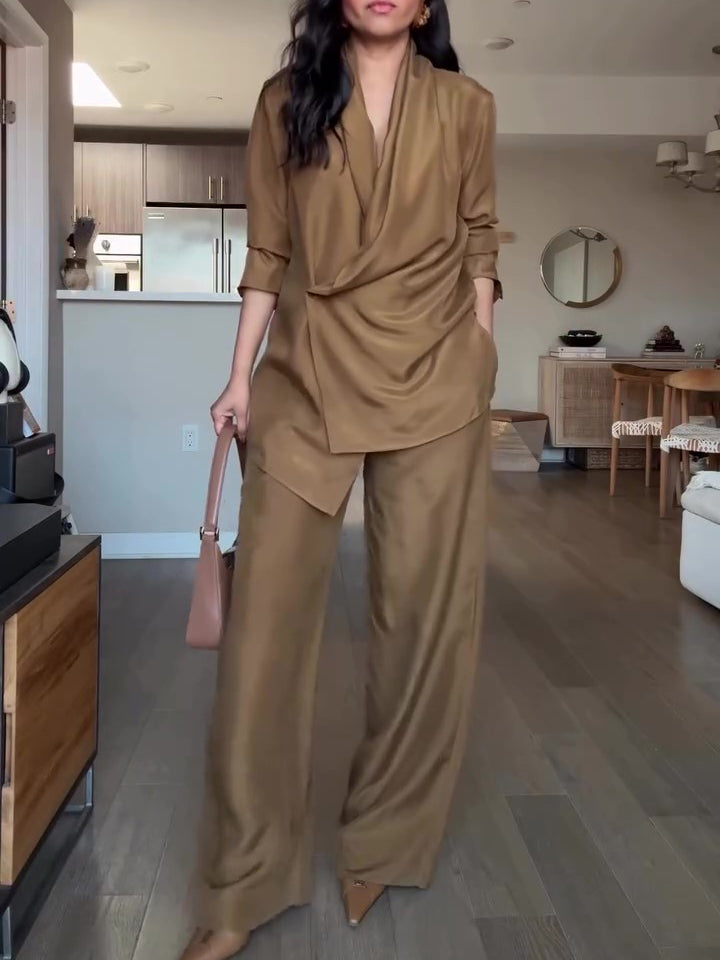 Women’s Satin Wrap Blouse & Wide-Leg Pants Set