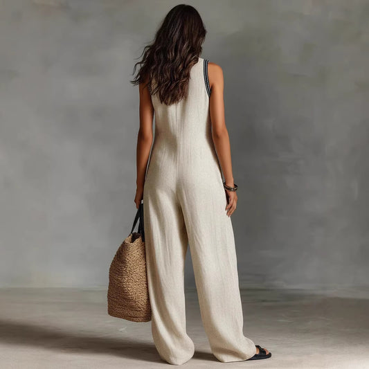 Womens Linen-Blend Sleeveless Jumpsuit