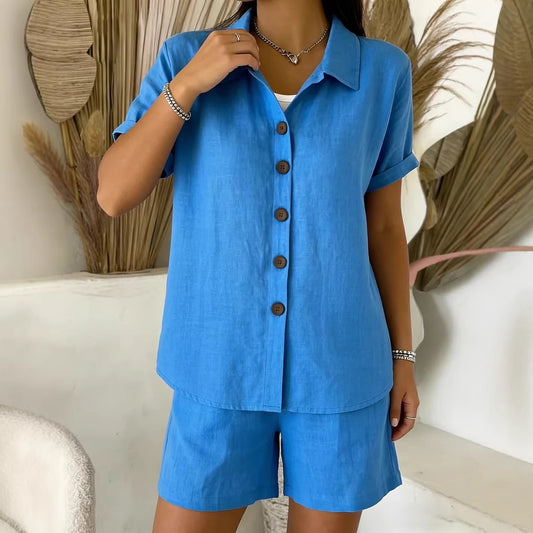 Womens Cotton-Linen Button-Up Shirt Set